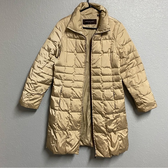 ANDREW MARC Womens Parka Coat Large Tan Down Fill Long Puffer Fur Jacket FLAWS - Picture 1 of 11